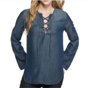 ANTHROPOLOGIE Cloth & Stone Lace Up Blue Long Sleeve Chambray Tencel Top Size S